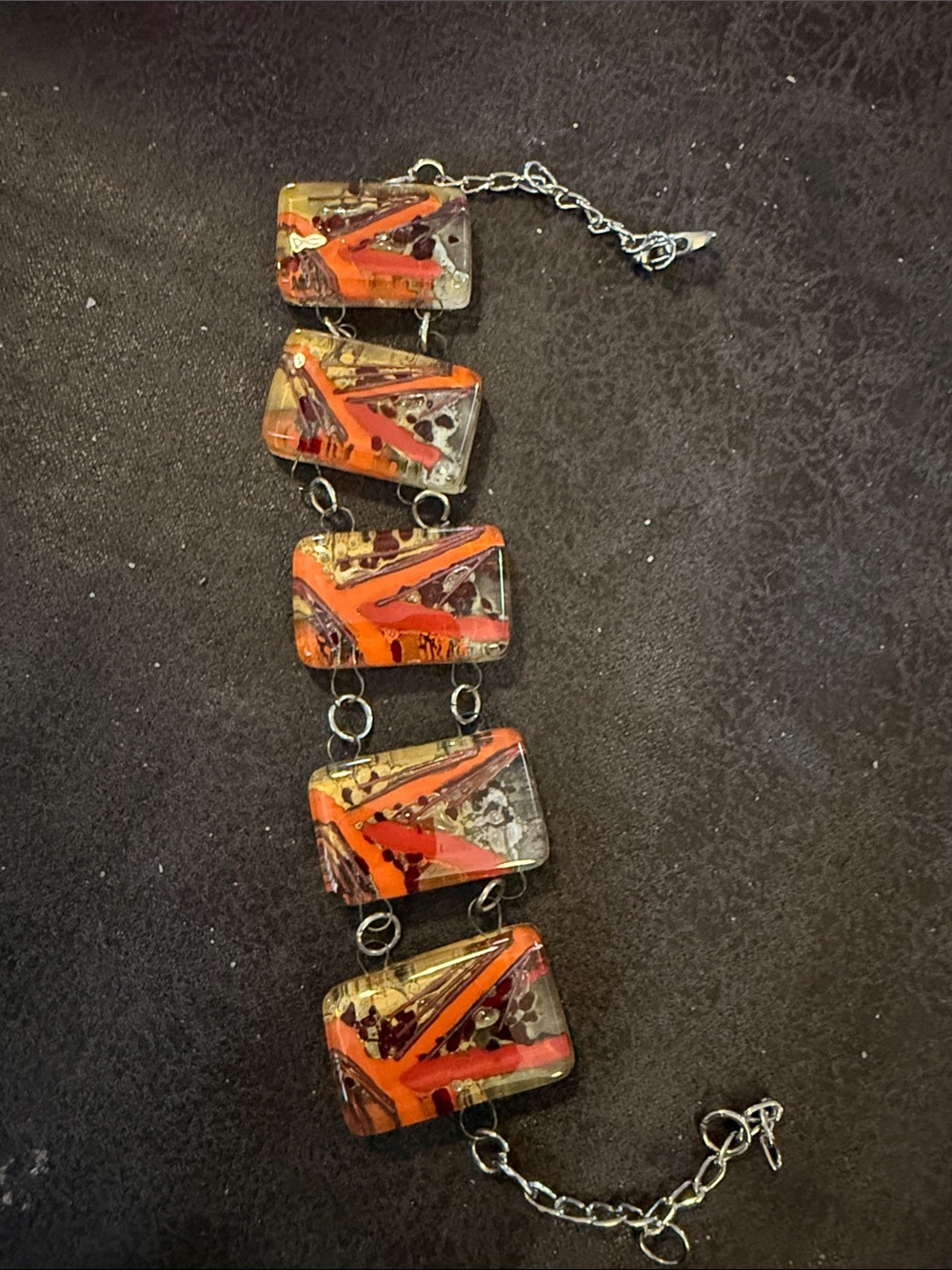 Vintage Orange and Gold Glass Rectangle Link Bracelet - Vintage